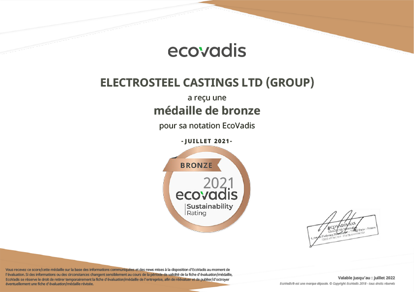 Electrosteel a reçu une médaille de bronze pour sa performance RSE EcoVadis